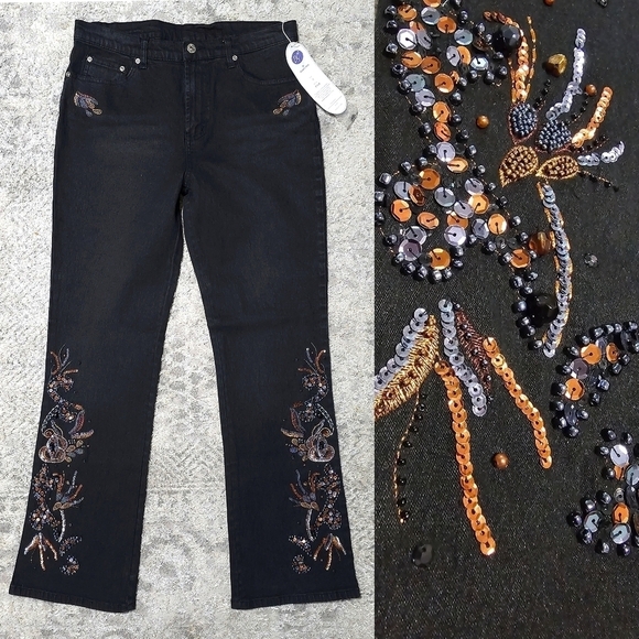 DG2 by Diane Gilman Denim - NWT Vintage DG2 Embellished Flared Jeans Dead Stock, Ramie Blend, Black, 10